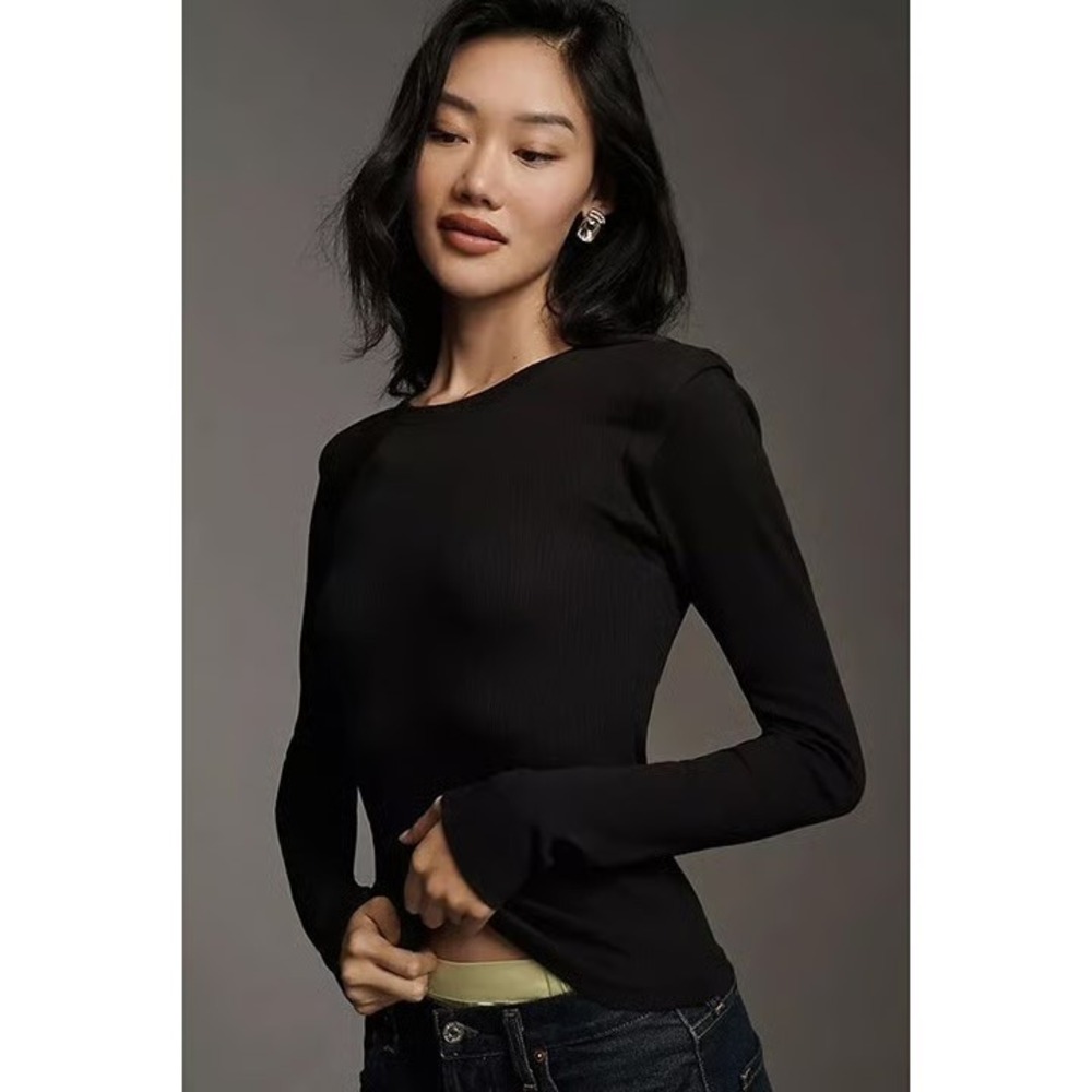 Anthropologie Maeve Long Sleeve Ribbed Layered Top in Black Size Medium
